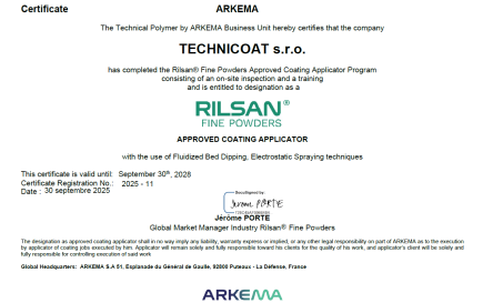 Technicoat získal oficiální certifikaci od společnosti Arkema: Rilsan® Fine Powders Approved Coating Applicator